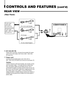 Page 86
REAR VIEW

CONTROLS AND FEATURES (cont’d)
yAC inlet [AC IN]
Power input connector. Connect the provided AC power
cord 
u to an AC outlet (120 V AC or 220 – 240 V AC,
50 Hz/60 Hz).
uPower cord
Connects the provided power cord (120 V AC or
220 – 240 V AC, 50 Hz/60 Hz) to the AC IN connector 
y.
Caution:
In North America (USA and Canada), this monitor comes
with one power cable.  In Europe and the United King-
dom, two power cables are provided (one for use in
continental European countries and the other...