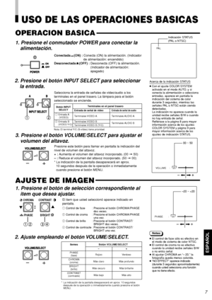 Page 73ESPAÑOL
Notas:
● El control de fase sólo es efectivo en
el modo de sistema de color NTSC.
● El control de croma no es efectivo
cuando la unidad recibe señales B/W
o no entra señal.
●Al ajustar CHROMA en “– 20,” la
fotografía queda menos colorida.
● “NO EFFECT” aparece indicado
(durante 3 segundos aproximadamente)
cuando usted selecciona una función
que no tiene efecto.
PA L
Itemes Botón VOLUME/SELECT
–+
PHASE
Rojizo Verdoso
(fase)
CHROMA
Más claro Más profundo
(croma)
BRIGHT
Más oscuro Más brillante...