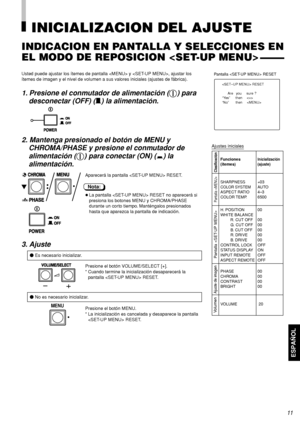 Page 77ESPAÑOL
11
 RESET
             Are   you     sure ?
“Yes”   then   
“No”   then   
FuncionesInicialización
(ítemes)(ajuste)
SHARPNESS +03
COLOR SYSTEMAU TO
ASPECT RATIO 4–3
COLOR TEMP. 6500
H. POSITION 00
WHITE BALANCE
         R. CUT OFF 00
G. CUT OFF 00
B. CUT OFF 00
R. DRIVE 00
B. DRIVE 00
CONTROL LOCK OFF
STATUS DISPLAY ON
INPUT REMOTE OFF
ASPECT REMOTE OFF
PHASE 00
CHROMA 00
CONTRAST 00
BRIGHT 00
VOLUME 
20
Clasificación
Pantalla 
Ajuste de imagen
Volumen
INICIALIZACION DEL AJUSTE
INDICACION EN...