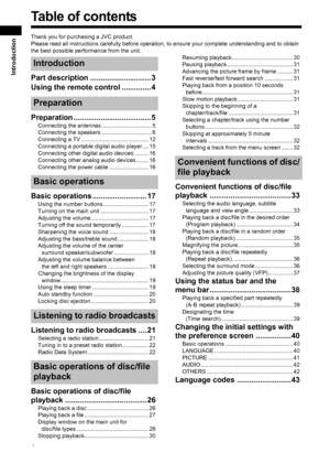 Page 61
Introduction
Thank you for purchasing a JVC product. 
Please read all instructions carefully before operation, to ensure your complete understanding and to obtain 
the best possible performance from the unit.
Part description ............................. 3
Using the remote control .............. 4
Preparation ..................................... 5
Connecting the antennas ................................ 5
Connecting the speakers ................................ 6
Connecting a TV...