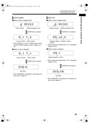 Page 25Basic operations of disc/file playback
22
■When a disc is played back
• If the “BONUS” or “B.S.P.” indicator lights up dur-
ing DVD AUDIO playback, refer to pages 34 or 
36. 
■When a disc is stopped
• When “RESUME” is displayed in the display win-
dow, refer to page 26.
■When a disc is played back
• When a play list is played back, “PL” is displayed 
instead of “PG”.
■When a disc is stopped
• When a play list is played back, “PL” is displayed 
instead of “PG”. 
• When “RESUME” is displayed in the display...