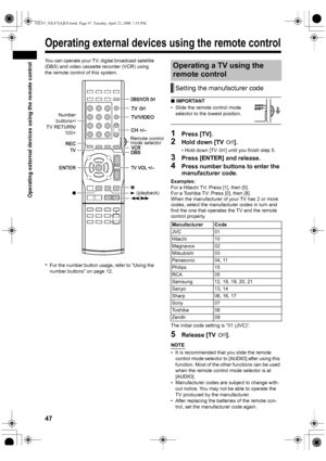 Page 5047
Operating external devices using the remote control
You can operate your TV, digital broadcast satellite 
(DBS) and video cassette recorder (VCR) using 
the remote control of this system.
 
*For the number button usage, refer to “Using the 
number buttons” on page 12.
■ IMPORTANT
• Slide the remote control mode 
selector to the lowest position.
 
1Press [TV].
2Hold down [TV F].
• Hold down [TV F] until you finish step 5. 
3Press [ENTER] and release. 
4Press number buttons to enter the 
manufacturer...