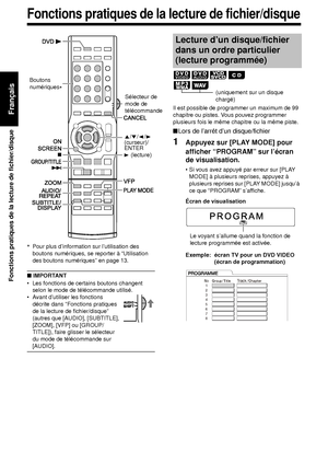 Page 10433
Fonctions pratiques de la lecture de fichier/disque
Français
*Pour plus d’information sur l’utilisation des 
boutons numériques, se reporter à “Utilisation 
des boutons numériques” en page 13.
■ IMPORTANT
• Les fonctions de certains boutons changent 
selon le mode de télécommande utilisé.
• Avant d’utiliser les fonctions  décrite dans “Fonctions pratiques 
de la lecture de fichier/disque” 
(autres que [AUDIO], [SUBTITLE], 
[ZOOM], [VFP] ou [GROUP/
TITLE]), faire glisser le sélecteur 
du mode de...
