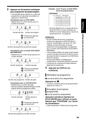 Page 10534
Fonctions pratiques de la lecture de fichier/disque
Français
2Appuyez sur les boutons numériques 
pour programmer les pistes/chapitre.
• Il est possible de se reporter au numéro de programme sur l’écran de visualisation en 
appuyant sur [DISPLAY].
Visualisation pour un DVD VIDEO 
• Sélectionnez un numéro de titre, puis un  numéro de chapitre.
Visualisation pour un  fichier DVD AUDIO/
MP3/WMA/WAV
• Sélectionnez un numéro de groupe puis un  numéro de piste. 
.
Visualisation pour  un VCD/SVCD/CD
•...