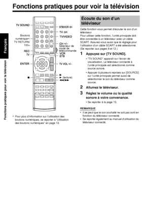 Page 12251
Fonctions pratiques pour voir la télévision
Français
 
*Pour plus d’information sur l’utilisation des 
boutons numériques, se reporter à “Utilisation 
des boutons numériques” en page 13.Cette fonction vous permet d’écouter le son d’un 
téléviseur.
Pour utiliser cette fonction, l’unité principale doit 
être connectée à un téléviseur avec un câble 
SCART. Assurez-vous aussi que le réglage pour 
l’utilisation d’un câble SCART a été sélectionné. 
(Se reporter aux pages 8 et 12.) 
1Appuyez sur [TV SOUND]....