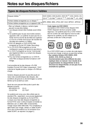 Page 12958
Référence
Français
• Bien qu’indiqués ci-dessus, certains types peuvent ne pas être lisibles.
*1 Les disques doivent être finalisés avant d’être  lus. 
*2 Ce système peut ne pas reconnaître certains appareils USB. Le système ne peut pas lire un 
fichier dont le volume de données est supérieur 
à 2 Go et un fichier dont le taux de transfert de 
données est supérieur à 2 Mbps.
*3 DVD VR désigne un DVD-R/DVD-RW 
enregistré au format VR (Video Recording).
*4 Un CD-R/CD-RW enregistré au format multisession...