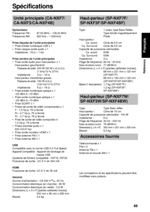 Page 13766
Référence
Français
Syntoniseur
Fréquence FM : 87,50 MHz – 108,00 MHz 
Fréquence AM : 522 kHz – 1 629 kHz 
Prise (façade de l’unité principale)
• Prise entrée numérique USB x 1 
• Prise casque sortie audio x 1 Impédance : 16
Ω – 1 kΩ
Prise (arrière de l’unité principale)
• Prise sortie audio pour haut-parleur x 1Haut-parleur gauche/droit:
Puissance de sortie:200 W (50 W x 4) à 3Ω 
(1 kHz/10 % DTH)
Impédance: 3
Ω – 16Ω
Haut-parleur d’extrêmes graves
Puissance de sortie:150 W à 6Ω 
(100 Hz/10 % DTH)...