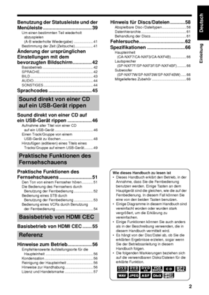 Page 72
Einleitung
Deutsch
Benutzung der Statusleiste und der 
Menüleiste .................................... 39
Um einen bestimmten Teil wiederholt 
abzuspielen 
(A-B wiederholte Wiederga be) ................... 41
Bestimmung der Zeit (Zeitsuche) .................. 41
Änderung der ursprünglichen 
Einstellungen mit dem 
bevorzugten Bildsch irm .............. 42
Basisbetrieb .................................................. 42
SPRACHE..................................................... 42
BILD...