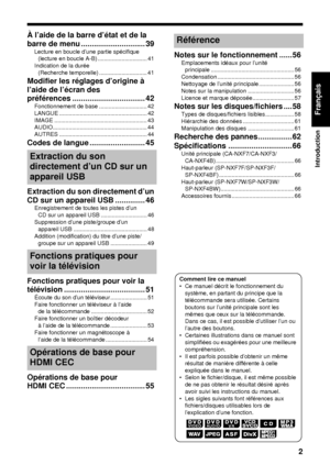 Page 732
Introduction
Français
À l’aide de la barre d’état et de la 
barre de menu .......... .................... 39
Lecture en boucle d’une partie spécifique 
(lecture en boucle A-B) ............................... 41
Indication de la durée  (Recherche temporelle) .............................. 41
Modifier les réglages d’origine à 
l’aide de l’écran des 
préférences ........... ....................... 42
Fonctionnement de base . ............................. 42
LANGUE...