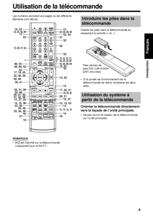 Page 754
Introduction
Français
Les numéros renvoient aux pages où les différents 
éléments sont décrits.
REMARQUE
*[K2] est imprimé sur la télécommande 
uniquement pour le NX-F7.
 
Insérez les piles dans la télécommande en
respectant la polarité (+ et  −).
• Si la portée de fonctionnement de la  télécommande se réduit, remplacer les deux 
piles.
Orienter la télécommande directement 
vers la façade de l’unité principale.
• Ne pas couvrir le capteur de la télécommande sur l’unité principale.
Introduire les piles...