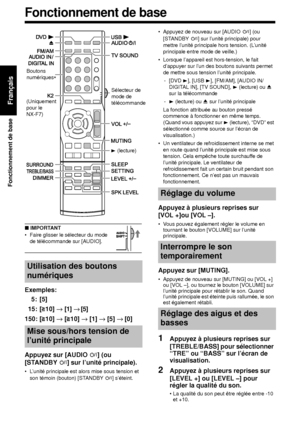 Page 8413
Fonctionnement de base
Français
■ IMPORTANT
• Faire glisser le sélecteur du mode 
de télécommande sur [AUDIO].
Exemples:
5: [5]
15: [ 10] →
 [1] → [5]
150: [ 10] →  [ 10] → [1] → [5] →  [0]
Appuyez sur [AUDIO 
F] (ou 
[STANDBY 
F] sur l’unité principale). 
• L’unité principale est alors mise sous tension et 
son témoin (bouton) [STANDBY F] s’éteint.  • Appuyez de nouveau sur [AUDIO
 F
] (ou 
[STANDBY F] sur l’unité principale) pour 
mettre l’unité principale hors tension. (L’unité 
principale entre...