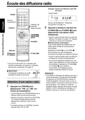 Page 8817
Écoute des diffusions radio
Français
*Pour plus d’information sur l’utilisation des 
boutons numériques, se reporter à “Utilisation 
des boutons numériques” en page 13.
■ IMPORTANT
• Faire glisser le sélecteur du mode 
de télécommande sur [AUDIO].
1Appuyez sur [FM/AM] pour 
sélectionner “FM” ou “AM” sur 
l’écran de visualisation.
• Le fait d’appuyer sur [FM/AM] sélectionne la diffusion radio comme source sonore.
• Appuyer à plusieurs reprises sur [SOURCE]  sur l’unité principale permet aussi de...