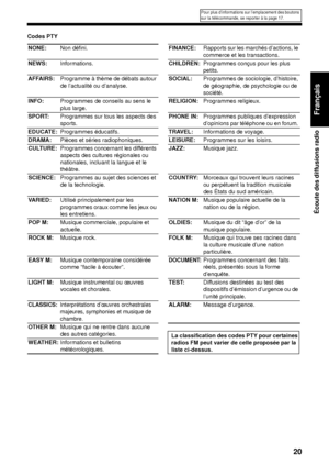 Page 9120
Écoute des diffusions radio
Français
Codes PTYNONE:  Non défini. FINANCE:Rapports sur les marchés d’actions, le 
commerce et les transactions. 
NEWS:  Informations. CHILDREN:Programmes conçus pour les plus 
petits. 
AFFAIRS:  Programme à thème de débats autour 
de l’actualité ou d’analyse. SOCIAL:
Programmes de sociologie, d’histoire, 
de géographie, de psychologie ou de 
société. 
INFO:  Programmes de conseils au sens le 
plus large. RELIGION:
Programmes religieux.
SPORT: Programmes sur tous les...