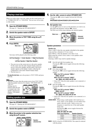 Page 4644
SPEAKER MENU Settings
Playing a test tone
When you wish to play a test tone, make sure the sound mode is set
to ÒSURROUND ONÓ or ÒTHEATER.Ó The test tone will not play
in other modes.
1.Open the SPEAKER MENU.
See page 43, ÒOpening the SPEAKER MENUÓ.
2.Switch the speaker mode to EXPERT.
3.Move the pointer to TEST TONE using the 5/°
cursors.
4.Press ENTER.
Test tones will be played in the following order:
Left Front Speaker = Center Speaker = Right Front Speaker
±­
Left Rear Speaker+Right Rear Speaker
¥...