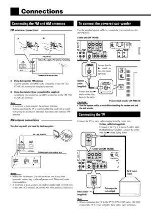 Page 86
Connections
Connecting the FM and AM antennas
FM antenna connections ÑÑÑÑÑÑÑÑÑÑÑ
A. Using the supplied FM antenna
The FM antenna provided can be connected to the FM 75W
COAXIAL terminal as temporary measure.
B. Using the standard type connector (Not supplied)
A standard type connector should be connected to the FM 75W
COAXIAL terminal.
Note:
¥ If reception is poor, connect the outdoor antenna.
Before attaching the 75 W coaxial cable (the kind with a round
wire going to an outdoor antenna), disconnect...