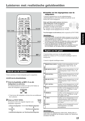 Page 11115
Nederlands
Luisteren met realistische geluidsvelden
TEST TONE
LCR
SW
LSRS
ENTER
Instellen van het uitgangsniveau voor de
luidsprekers
U kunt het uitgangsniveau voor de middenluidspreker,
achterluidsprekers en subwoofer instellen met gebruik van de
testtoon die wordt weergegeven.
Druk op 3/2 terwijl de testtoon via de in te
stellen luidspreker wordt weergegeven.
Het uitgangsniveau voor de betreffende
luidspreker verschijnt op het display.
3: Verhogen van het uitgangsniveau (tot +06 dB).
2: Verlagen...