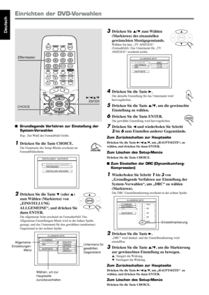 Page 4238
Deutsch3Drücken Sie 5/∞ zum Wählen
(Markieren) des einzustellen
gewünschten Menügegenstands.
Wählen Sie hier „TV ANZEIGE“
(Fernsehbild). Das Untermenü für „TV
ANZEIGE“ erscheint rechts.
4Drücken Sie die Taste 3.
Die aktuelle Einstellung für das Untermenü wird
hervorgehoben.
5Drücken Sie die Taste 5/∞, um die gewünschte
Einstellung zu wählen.
6Drücken Sie die Taste ENTER.
Die gewählte Einstellung wird hervorgehoben.
7Drücken Sie 2 und wiederholen Sie Schritt
3 bis 6 zum Einstellen anderer Gegenstände....