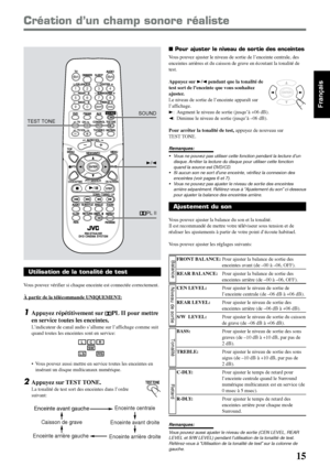 Page 6515
Français
AUDIO TV
SLEEP DIMMER
DVD FM/AM
TV   CHAUX
TV/VIDEO
MUTING
CONTROLTEST TONE
TOP 
MENU
MENU
PTY NEWS/INFO
PTY SEARCH
CHOICE/TIME
AUDIO
SLOW RETURN PL
RDS
RM-STHA25R
DVD CINEMA SYSTEM
SUBTITLE ANGLE ZOOM
ON SCREEN
TV VOL
AUDIO VOL
CENTER
TREBLE
L-F.BLANCE-R
SUBWOOFERREAR
BASS
1234
5678
9
TV
0MEMORYCANCEL
ENTER
SOUND
/
PTY
REPEAT
FM MODE
STEP
DOWN - TUNING - UP
 SOUND
 3/2
Création d’un champ sonore réaliste
TEST TONE
TEST TONE
Enceinte avant gauche
Enceinte avant droite
Enceinte arrière droite...