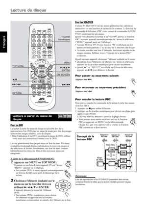 Page 7424
Français
AUDIO TV
SLEEP DIMMER
DVD FM/AM
TV   CHAUX
TV/VIDEO
MUTING
CONTROLTEST TONE
TOP 
MENU
MENU
PTY NEWS/INFO
PTY SEARCH
CHOICE/TIME
AUDIO
SLOW RETURN PL
RDS
RM-STHA25R
DVD CINEMA SYSTEM
SUBTITLE ANGLE ZOOM
ON SCREEN
TV VOL
AUDIO VOL
1234
5678
9
TV
0MEMORYCANCEL
ENTER
SOUND
/
REPEAT
FM MODE
STEP
PTY
DOWN - TUNING - UP
3/2/5/∞
ENTER
RETURNMENU
TOP MENU
Lecture à partir du menu de
disque
Pour les DVD
La lecture à partir du menu de disque est possible lors de la
reproduction d’un DVD avec un menu (le...