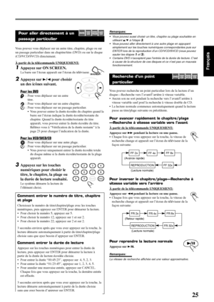 Page 7525
Français
Pour aller directement à un
passage particulier
Vous pouvez vous déplacer sur un autre titre, chapitre, plage ou sur
un passage particulier dans un chapitre/titre (DVD) ou sur le disque
(CD/VCD/SVCD) directement.
À partir de la télécommande UNIQUEMENT:
1Appuyez sur ON SCREEN.
La barre sur l’écran apparaît sur l’écran du téléviseur.
2Appuyez sur 3/2 pour choisir
un des icônes suivant.
Pour les DVD
: Pour vous déplacer sur un autre
titre.
: Pour vous déplacer sur un autre chapitre.
: Pour vous...