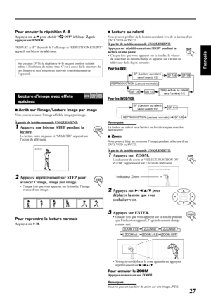 Page 7727
Français
MARCHE
STEP
STEP
SF (Lecture au ralenti
vers l’avant) 1/2SF 1/4 SF 1/8
SR (Lecture au ralenti
vers l’arrière) 1/2 SR 1/4 SR 1/8 REPRODUCTION (Lecture normale)
SF ( Lecture au ralenti
vers l’avant) 1/2
REPRODUCTION (Lecture normale)SF 1/4
SF 1/6
+
SLOW
RDS
ZOOM
ENTER
ENTER
ZOOM x1.5
ZOOM x1.5ZOOM x2
ZOOM x2ZOOM x3
ZOOM OFF
+
SÉLECT.  POSITION DU ZOOM
Pour annuler la répétition A–B
Appuyez sur 5/∞ pour choisir “ OFF” à l’étape 3, puis
appuyez sur ENTER.
“REPEAT A–B” disparaît de l’affichage et...