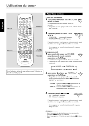 Page 8232
Français
Accord des stations
À partir de la télécommande:
1Appuyez répétitivement sur FM/AM pour
choisir la bande.
La dernière station reçue de la bande choisie est
accordée.
• Chaque fois que vous appuyez sur la touche, la bande alterne
entre FM et AM.
2Maintenez pressée TUNING UP ou
DOWN.
•TUNING UP: Augmente la fréquence.
•TUNING DOWN: Diminue la fréquence.
L’appareil commence la recherche des stations et s’arrête quand
une station avec un signal suffisamment fort est accordée.
• Si vous appuyez...