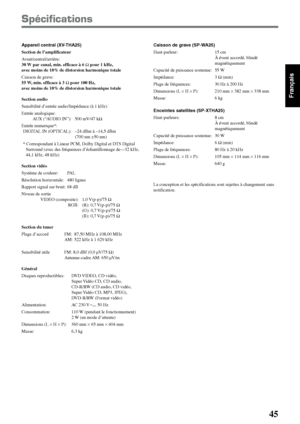 Page 9545
Français
Spécifications
Appareil central (XV-THA25)
Section de l’amplificateur
Avant/central/arrière:
30 W par canal, min. efficace à 6 Ω pour 1 kHz,
avec moins de 10% de distorsion harmonique totale
Caisson de grave:
55 W, min. efficace à 3 Ω pour 100 Hz,
avec moins de 10% de distorsion harmonique totale
Section audio
Sensibilité d’entrée audio/Impédance (à 1 kHz)
Entrée analogique:
AUX (“AUDIO IN”): 500 mV/47 kΩ
Entrée numerique*:
DIGITAL IN (OPTICAL): –24 dBm à –14,5 dBm
(700 nm ±50 nm)
*...