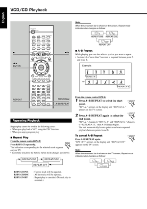 Page 10639
English
From the remote control ONLY:
1Press A–B REPEAT to select the start
point.
“RPT A–” appears on the display and “REPEAT:A–”
appears on the TV–screen.
2Press A–B REPEAT again to select the
end point.
“RPT A–” changes to “RPT A–B” and “REPEAT:A–” changes
to “REPEAT:A–B,”  then A–B Repeat begins.
The unit automatically locates point A and starts repeated
playback between points A and B.
To cancel A–B Repeat
Press A–B REPEAT again.
“RPT OFF” appears on the display and “REPEAT OFF”
appears on the...