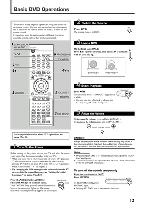 Page 1512
Basic DVD Operations
This manual mainly explains operations using the buttons on
the remote control. You can also use the buttons on the center
unit if they have the similar names (or marks) as those on the
remote control.
If operations using the center unit are different from those
using the remote control, they are then explained.
1 Turn On the Power
Before turning on the system, turn on your TV and select the correct
video input. (See the manual supplied with your TV.)
•When you use a JVC’s TV, you...