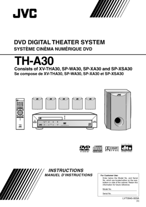 Page 65For Customer Use:
Enter below the Model No. and Serial 
No. which are located either on the rear, 
bottom or side of the cabinet. Retain this 
information for future reference.
Model No.
Serial No.
LVT0945-003A[C]
INSTRUCTIONS
TH-A30
DIGITAL
SURROUND
DIGITAL
STANDBY
AUDIO/FM MODE
DSPVOLUME SOURCE
DVD DIGITAL THEATER SYSTEM TH-A30
STANDBY/ON
DISPLAYTV/VIDEO
TOP MENUAUDIO
TUNING
ENTER
PROGRESSIVE
VCR CHANNEL TUNER PRESET
DVD FM/AM AUX
MUTING STANDBY/ON
VCR
VCR 
CONTROL
MENU
TVAUDIO/
FM MODESUBTITLE
RETURN...