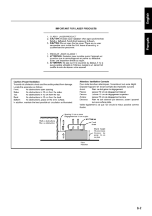 Page 67G-2
Caution: Proper Ventilation
To avoid risk of electric shock and fire and to protect from damage.
Locate the apparatus as follows:
Front: No obstructions open spacing.
Sides: No obstructions in 10 cm from the sides.
Top: No obstructions in 10 cm from the top.
Back: No obstructions in 15 cm from the back
Bottom: No obstructions, place on the level surface.
In addition, maintain the best possible air circulation as illustrated.
Front
Avant
XV-THA30
Spacing 15 cm or more
Dégagement de 15 cm ou plus
Wall...
