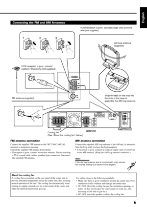 Page 736
English
123
MIN MIN MINMIN
COMPONENT OUT
Y PBPR
4
Connecting the FM and AM Antennas
FM antenna (supplied)If FM reception is poor, connect
outdoor FM antenna (not supplied).
AM antenna connection
Connect the supplied AM loop antenna to the AM and H terminals.
Turn the loop until you have the best reception.
• If reception is poor, connect an outdoor single vinyl-covered wire
to the AM terminal. (Keep the AM loop antenna connected.)
Note:
If the AM loop antenna wire is covered with vinyl, remove
the...