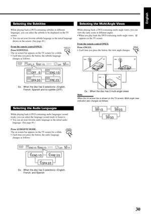 Page 9730
English
Selecting the Audio Languages
While playing back a DVD containing audio languages (sound
track), you can select the language (sound track) to listen to.
•You can set your favorite audio language as the initial audio
language. (See page 49.)
Press AUDIO/FM  MODE.
The on-screen bar appears on the TV screen for a while.
•Each time you press the button, the audio language
changes as follows:Ex.: When the disc has 3 multi-angle views Ex.: When the disc has 3 selections—English,
French, Spanish and...