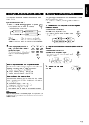 Page 9932
EnglishSearching for a Particular Point
You can search for a particular point while playing a disc—Va r i a b l e
Speed Forward/Reverse Search.
•No sound comes out during Variable Speed Forward/Reverse
Search.
To fast-forward the chapter—Variable Speed
Forward Search
From the remote control ONLY:
Press ¡ during playback or pause.
•Each time you press the button, the search speed
changes as follows:
To reverse the chapter—Variable Speed Reverse
Search
From the remote control ONLY:
Press 1 during...