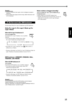 Page 2115
Dansk
AUDIO
Sådan slukkes anlægget (standby)
Tryk på AUDIO (eller STANDBY/ON på
frontpanelet) igen.
Lampen slukkes og STANDBY-lampen lyser.
• Standby-tilstanden bruger kun lidt strøm. Hvis du vil
slukke helt for strømmen, skal du tage ledningen
ud af stikkontakten.
DSP
SURROUND
Bemærk!
•STEREO-indikatoren lyser også, når der modtages et program i
FM-stereo.
•Når du trykker flere gange på denne knap, skifter frekvensen med
et trin ad gangen.
5 Slå Surround eller DSP-funktioner
Du kan bruge Dolby Pro...