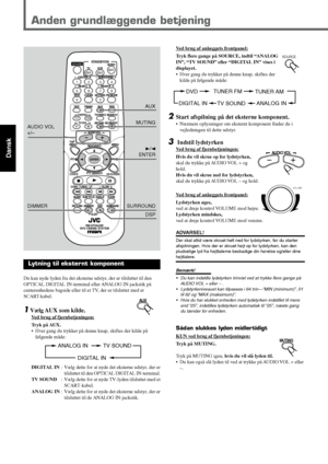 Page 2216
Dansk
Anden grundlæggende betjening
AUX
TVVCR
STANDBY/ONAUDIO
VCR TV
CENTER
REAR-R REAR-L
TEST
DVD FM/AM
CONTROL
AUX
TV/VIDEO
MUTINGREC/MEMORY
SEARCH
TOP
MENU
MENU
PTY PTYNEWS/INFO
PTY SEARCH
CHOICE
DOWN - TUNING - UP
SLOW
AUD IO
RETURN DIMMER DSP
SLEEP
RM-STHA35R
DVD CINEMA SYSTEM
SURROUND
SUB TITLE ANGLE ZOOM
ON SCREEN
RDS CLEAR SETTING FM MODE
SUBWOOFER
TV VOL
AUDIO VOL
SOUND
ENTER
1 234
5 678
90
AUX
DVDTUNER FM
TUNER AM
ANALOG IN DIGITAL IN
TV SOUND
DIMMER3/2
ENTER
SOURCE
SURROUND
ANALOG IN...