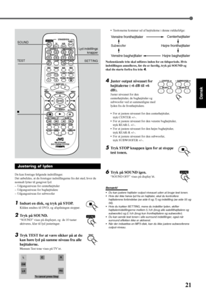 Page 2721
Dansk
TVVCR
STANDBY/ONAUDIO
VCR TV
CENTER
REAR-R REAR-L
TEST
DVD FM/AM
CONTROL
AUX
TV/VIDEO
MUTINGREC/MEMORY
SEARCH
TOP
MENUMENU
PTY PTYNEWS/INFO
PTY SEARCH
CHOICE
DOWN - TUNING - UP
SLOW
AUDIO
RETURN DIMMER DSP
SLEEP
RM-STHA35R
DVD CINEMA SYSTEM
SURROUND
SUB TITLE ANGLE ZOOM
ON SCREEN
RDS CLEAR SETTING FM MODE
SUBWOOFER
TV VOL
AUDIO VOL
SOUND
ENTER
1 234
5 678
90
TEST
SETTING Lyd indstillings
knapper• Testtonerne kommer ud af højttalerne i denne rækkefølge:
Nedenstående trin skal udføres inden for en...