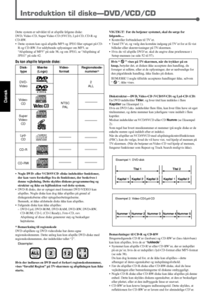Page 2822
Dansk
Introduktion til diske—DVD/VCD/CD
Dette system er udviklet til at afspille følgene diske:
DVD, Video-CD, Super Video-CD (SVCD), Lyd-CD, CD-R og
CD-RW.
•Dette system kan også afspille MP3 og JPEG filer optaget på CD-
R og CD-RW. For uddybende oplysninger om MP3, se
“Afspilning af MP3” på side 38, og om JPEG, se “Afspilning af
JPEG” på side 42.
Du kan afspille følgende diske:
VIGTIGT!  Før du betjener systemet, skal du sørge for
følgende....
•Kontroller forbindelsen til TV’et.
•Tænd TV’et, og vælg...