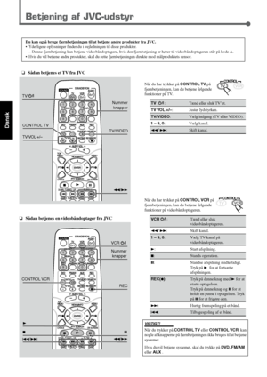 Page 6458
Dansk
❏Sådan betjenes en videobåndoptager fra JVC
Betjening af JVC-udstyr
Du kan også bruge fjernbetjeningen til at betjene andre produkter fra JVC.
•Yderligere oplysninger finder du i vejledningen til disse produkter.
–Denne fjernbetjening kan betjene videobåndoptagere, hvis den fjernbetjening er hører til videobåndoptageren står på kode A.
•Hvis du vil betjene andre produkter, skal du rette fjernbetjeningen direkte mod målproduktets sensor.
Når du har trykket på CONTROL TV på
fjernbetjeningen, kan...