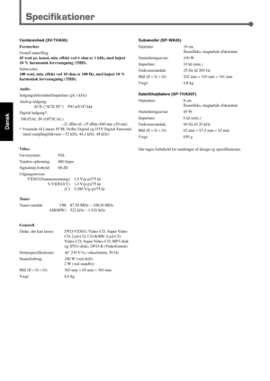 Page 6862
Dansk
Specifikationer
Centerenhed (XV-THA35)
Forstærker
Front/Center/Bag:
45 watt pr. kanal, min. effekt ved 6 ohm er 1 kHz, med højest
10 % harmonisk forvrængning (THD).
Subwoofer:
100 watt, min. effekt ved 10 ohm er 100 Hz, med højest 10 %
harmonisk forvrængning (THD).
Audio
Indgangsfølsomhed/impedans (på 1 kHz)
Analog-indgang:
AUX (“AUX IN”): 500 mV/47 kΩ
Digital indgang*:
DIGITAL IN (OPTICAL):
–21 dBm til –15 dBm (660 nm ±30 nm)
* Svarende til Lineær PCM, Dolby Digital og DTS Digital Surround
(med...