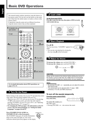 Page 1410
English
Basic DVD Operations
This manual mainly explains operations using the buttons on
the remote control. You can also use the buttons on the center
unit if they have the similar names (or marks) as those on the
remote control.
If operations using the center unit are different from those
using the remote control, they are then explained.
1 Turn On the Power
Before turning on the system, turn on your TV and select the correct
video input. (See the manual supplied with your TV.)
• When you use a...