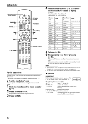 Page 20Getting started
17
For TV operations
You can operate your TV using the remote control supplied with 
this system.
• Refer also to the instructio n manuals supplied with your TV.
7To set the manufacturer’s code
You can operate a JVC TV without  setting the remote control 
signal.
1Slide the remote cont rol mode selector 
to TV.
2Press and hold  FTV.
Keep the button pressed until step 4 is finished.
3Press ENTER.
4Press number buttons (1 -9, 0) to enter 
the manufacturer’s code (2 digits).
Examples:
For a...