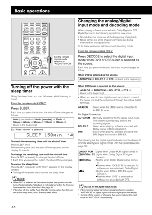 Page 2218
Turning off the power with the
sleep timer
Using the sleep timer, you can fall asleep while listening to
music.
From the remote control ONLY:
Press SLEEP.
Each time you press the button, the shut-off time changes as
follows:
0min (cancelled) ] 10min (minutes) ] 20min ]
30min ] 60min ] 90min ] 120min ] 150min ]
(back to the beginning)
Ex.: When “150min” is selected.
To check the remaining time until the shut-off time
Press SLEEP once.
The remaining time until the shut-off time appears on the
display...