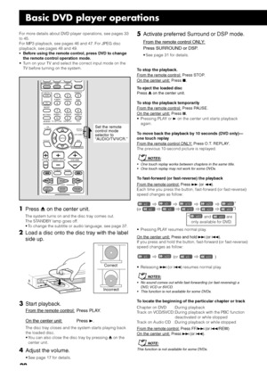 Page 2420
Basic DVD player operations
For more details about DVD player operations, see pages 33
to 45.
For MP3 playback, see pages 46 and 47. For JPEG disc
playback, see pages 48 and 49.
•Before using the remote control, press DVD to change
the remote control operation mode.
•Turn on your TV and select the correct input mode on the
TV before turning on the system.
1Press 0 on the center unit.
The system turns on and the disc tray comes out.
The STANDBY lamp goes off.
•To change the subtitle or audio language,...