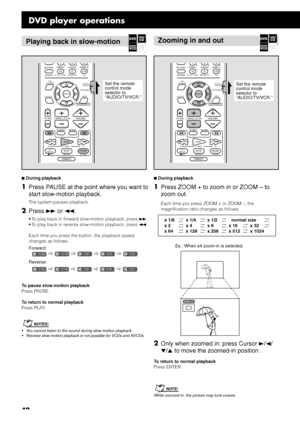 Page 4642
Playing back in slow-motionZooming in and out
ZOOM  x4 
CHANNEL/ZOOMVOLUME TV VOL
TUNINGSTOP
DIMMERPAUSE
FF//REW
TV/VIDEO1MUTING¡
REC
PLAYDOWN UP
MEMORYSTROBE
VFP SETTING
TV RETURN
ENTER
ON
SCREEN
CHOICEFM MODE
78 9
100+10100+
– +
– +SURR-LSURR-R S-BACK– +
ADJUST
O.T.
REPLAY
AUDIO/
TV/VCR
CATV/DBS
PROGRESSIVESet the remote
control mode
selector to
“AUDIO/TV/VCR.”
7During playback
1Press PAUSE at the point where you want to
start slow-motion playback.
The system pauses playback.
2Press ¡ or 1.
• To...