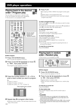 Page 4844
Playing back in the desired
order—Program play
You can play up to 99 tracks in desired order.
• You can program the same track repeatedly.
• This function is not available for DVD.
PROGRAMNo.1
2
3
4
5
6
7
8
9
10Total Program Time 00:00:00Track
PROGRAMNo1
2
3
4
5
6
7
8
9
103
Total Program Time 00:04:14Track
CHANNEL/ZOOMVOLUME TV VOL
TUNINGSTOP
DIMMERPAUSE
FF//REW
TV/VIDEO1MUTING¡
REC
PLAYDOWN UP
MEMORYSTROBE
CONTROLEFFECT
S.WFR
TEST
SLEEPTV VCR
SETTING
TV RETURN
ENTER
ON
SCREEN
CHOICEFM MODE
12 3
45 6...