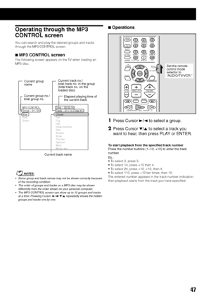 Page 5147
7Operations
MP3 CONTROL
Group :  01 / 03Time :  00:00:14
Track :  01 / 14 (Total 41)
Blue
Red
GreenCloudy
Fair
Fog
Hail
Indian summer
Rain
Shower
Snow
Thunder
Typhoon
Wind
Winter sky
CHANNEL/ZOOMVOLUME TV VOL
TUNINGFF//REW
TV/VIDEO1MUTING¡
PLAYDOWN UP
VFP
CONTROLEFFECT
S.WFR
TEST
SLEEPTV VCR
SETTING
TV RETURN
ENTER
ON
SCREEN
CHOICEFM MODE
12 3
45 6
78 9
100+10100+
CENTER– +
– +– +
– +
SURR-LSURR-R S-BACK– +
ADJUST
AUDIO/
TV/VCR
PROGRESSIVE
CATV/DBS
1Press Cursor 3/2 to select a group.
2Press Cursor...