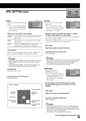 Page 5955
SPK. SETTING menu200Hz SPK. SETTING
CROSS OVER LEVELSIZEDISTANCE
RETURN TO INITIAL
USE             TO SELECT,  USE ENTER TO CONFIRM.
TO EXIT, PRESS CHOICE.
ENTER SELECT
¶SIZE
Select this to enter the SIZE sub-
menu.
• You can also set the speaker
sizes using SETTING/ADJUST
buttons on the remote control
(see page 24).SMALL SIZE
FRONT SPEAKER
CENTER SPEAKER
SURROUND SPEAKERSMALL
SMALL
SURROUND BACK SPEAKERSMALLSUB WOOFERUSE
Select one of the sizes for each speaker.
LARGE: Select when the cone speaker...