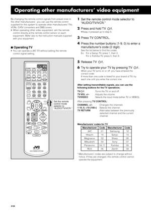 Page 6662
By changing the remote control signals from preset ones to
the other manufacturers’, you can use the remote control
supplied for this system to operate other manufacturers’ TVs,
VCRs, CATV converters and DBS tuners.
• When operating other video equipment, aim the remote
control directly at the remote control sensor on each
equipment. Refer also to the instruction manuals supplied
with your equipment.
7Operating TV
• You can operate a JVC TV without setting the remote
control signal setting.
*...