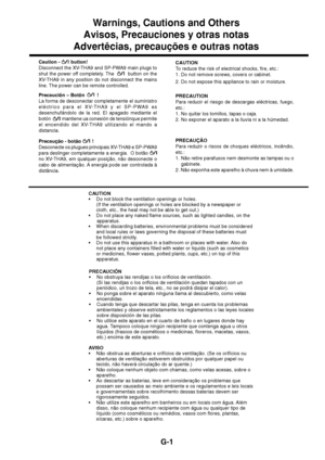 Page 2Warnings, Cautions and Others
Avisos, Precauciones y otras notas
Advertêcias, precauções e outras notas
Caution -        button!
Disconnect the XV-THA9 and SP-PWA9 main plugs to
shut the power off completely. The         button on the
XV-THA9 in any position do not disconnect the mains
line. The power can be remote controlled.CAUTION
To reduce the risk of electrical shocks, fire, etc.:
1. Do not remove screws, covers or cabinet.
2. Do not expose this appliance to rain or moisture.
Precaución – Botón...